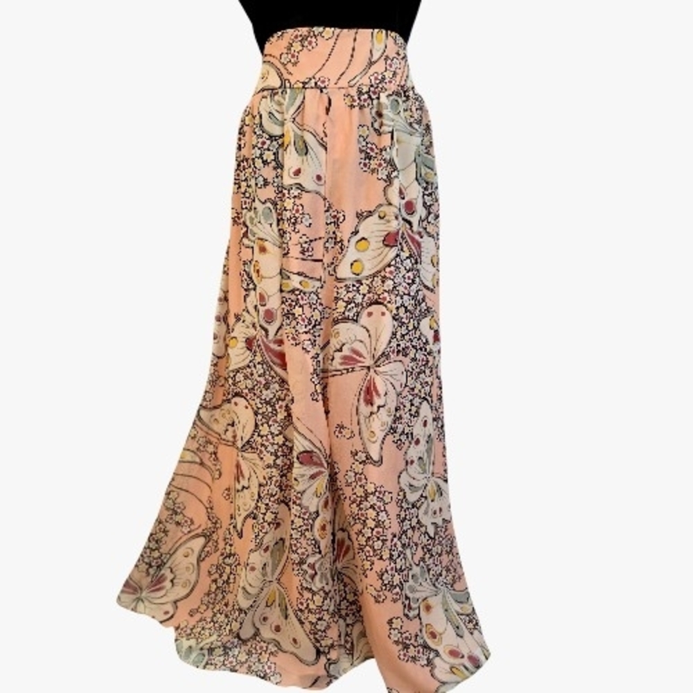 Paul & Joe Pink Butterfly A-Line Pink Peach Maxi Silk Skirt With Yellow Florals - Picture 3 of 12